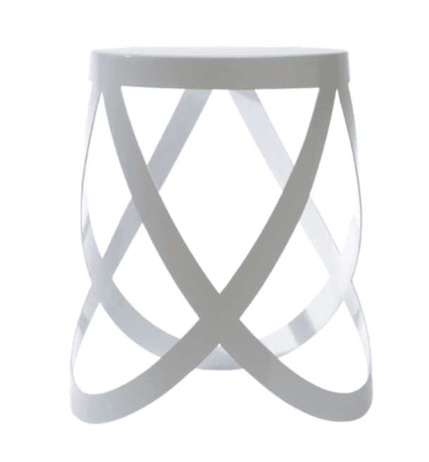 A contemporary white accent stool or side table featuring a solid circular top and an open, hourglass-shaped base composed of interlacing, broad, flat bands, finished in a high-gloss white. — 3D model