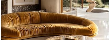 A low-profile, kidney-shaped sofa upholstered in a rich ochre-colored velvet fabric. The sofa features distinctive channel tufting across its entire surface, creating a continuous, ribbed texture. Its organic, curved form lacks visible legs, contributing to a modern and sculptural aesthetic. — 3D model