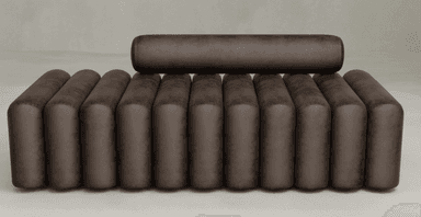 A modern bench with a rounded, segmented design. It features a base composed of multiple vertical, cylindrical cushions arranged in a row, topped by a single, long cylindrical cushion that runs horizontally across the top. The upholstery appears to be a soft, textured fabric. — 3D model