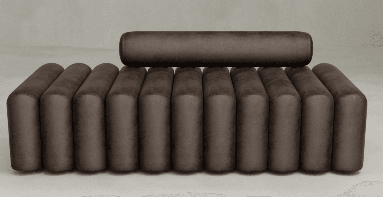 A modern bench with a rounded, segmented design. It features a base composed of multiple vertical, cylindrical cushions arranged in a row, topped by a single, long cylindrical cushion that runs horizontally across the top. The upholstery appears to be a soft, textured fabric. — 3D model