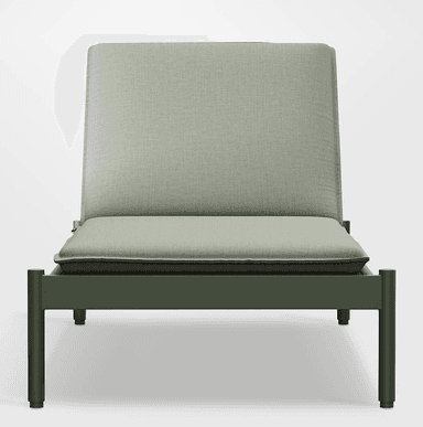 A contemporary chaise lounge with a powder-coated metal frame and a thick upholstered cushion. The chaise features an adjustable backrest, allowing for multiple reclining positions. The frame is a dark olive green, and the cushion is a light sage green fabric with a contrasting dark grey piping along the edge. It is designed for outdoor use, indicated by the material and construction. — 3D model