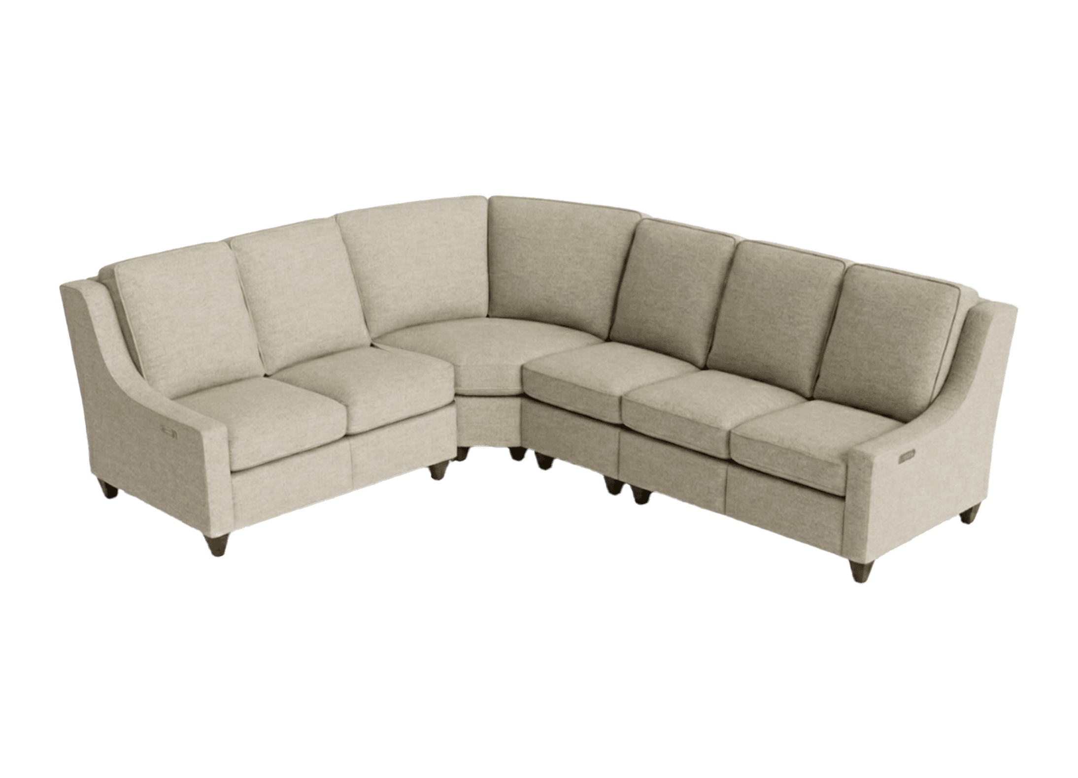 A sectional sofa with a curved configuration. It features multiple seat cushions and back cushions. The sofa has upholstered arms and is supported by short, dark wooden legs. One armrest shows a subtle indentation, possibly for a control mechanism, indicating it might be a reclining sectional. — 3D model