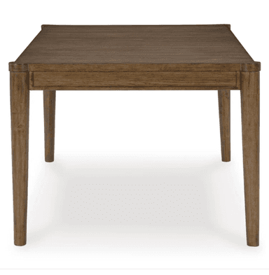 A rectangular dining table crafted from solid wood or wood veneer, featuring a medium brown finish that highlights the natural grain. It stands on four outwardly splayed, tapered legs, supporting a substantial tabletop with subtly rounded corners and a minimalist apron. — 3D model