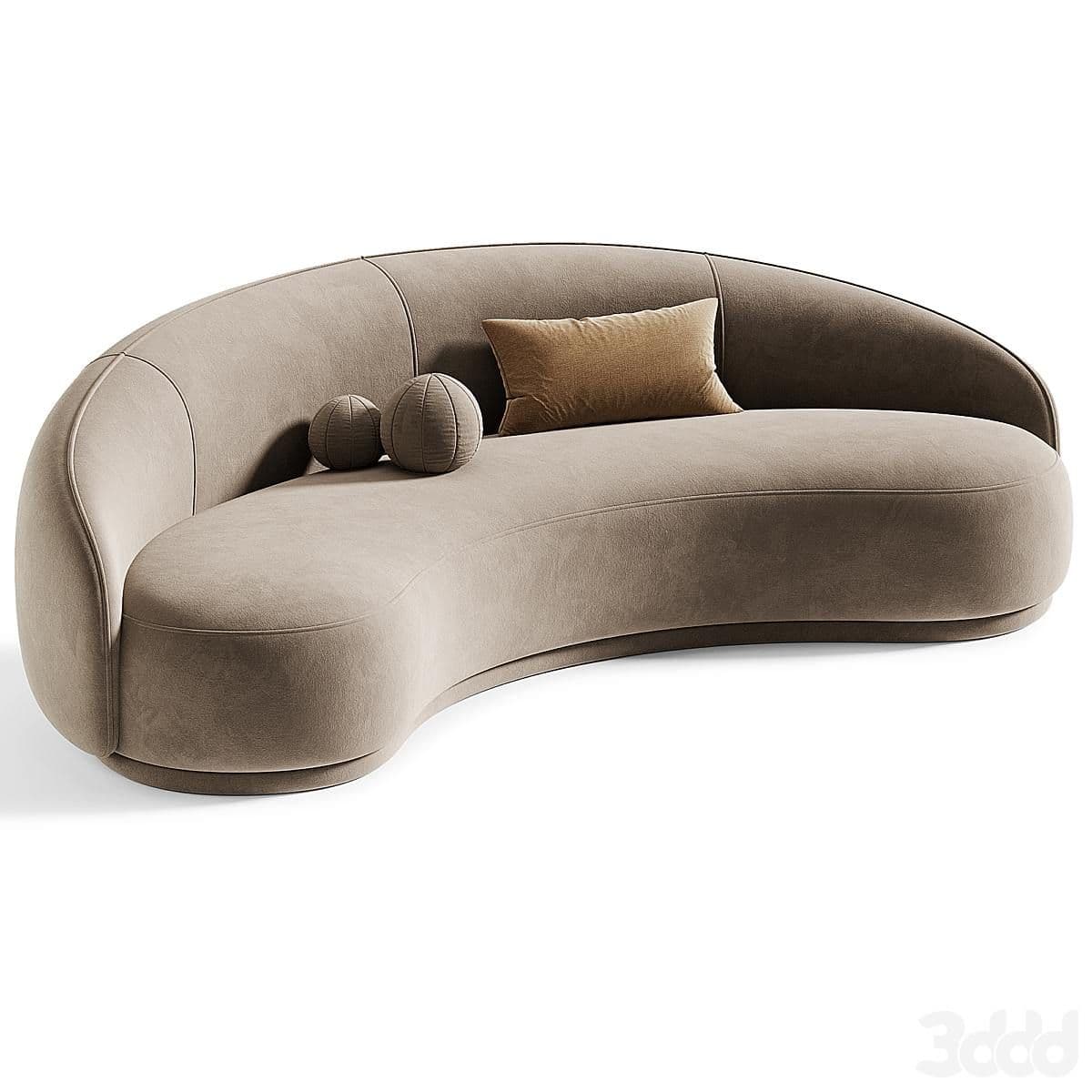 A contemporary, curved sofa with a neutral-toned upholstery. The sofa features a rounded silhouette with a continuous backrest that flows into the arms. It is accessorized with two spherical decorative pillows and one rectangular lumbar pillow. — 3D model