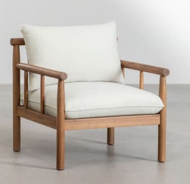 A modern armchair featuring a sturdy, open-grain wooden frame with clean lines and rounded details. It is fitted with thick, plush, off-white upholstered cushions for both the seat and backrest, offering a comfortable and contemporary seating option. — 3D model