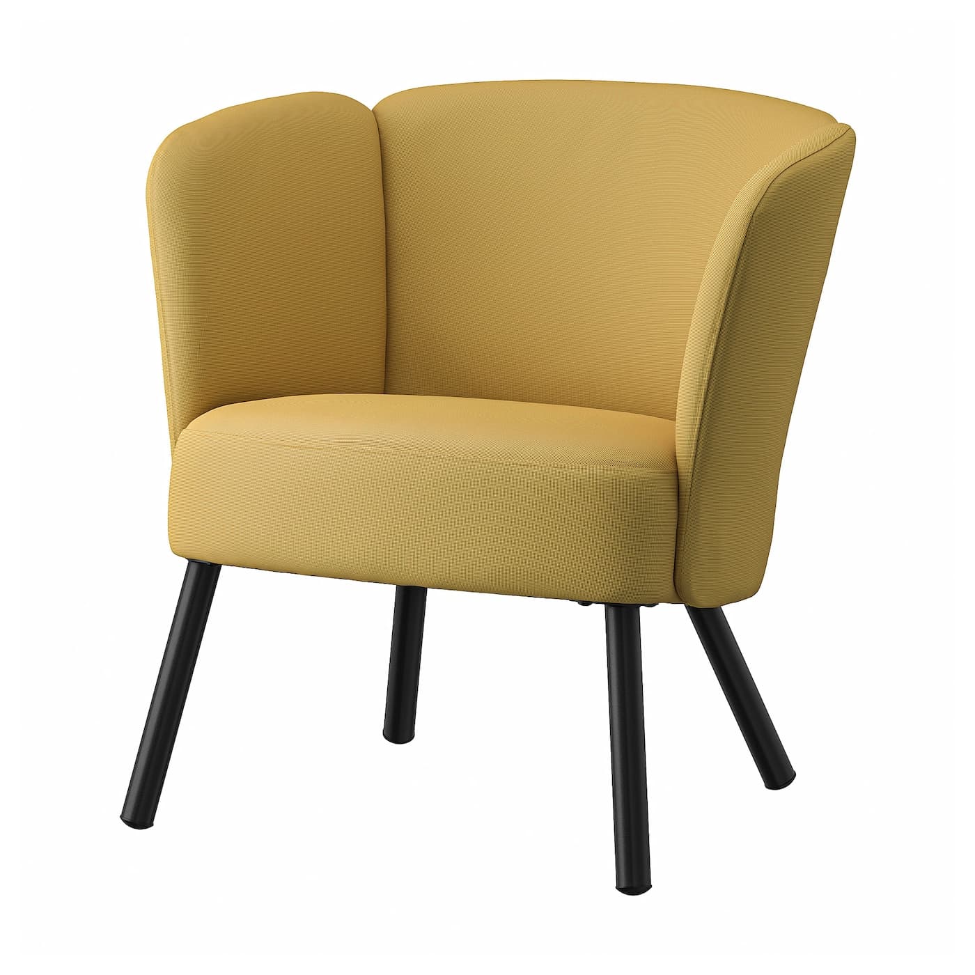 A modern accent chair with a rounded, high back that curves gently into the armrests. The upholstery is a textured, mustard yellow fabric. It is supported by four slender, dark-colored legs that splay outwards. — 3D model