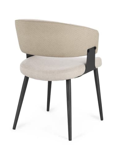 A contemporary dining chair with a curved upholstered backrest and seat. The chair features four slender, tapered legs made of dark metal. The upholstery is a light beige fabric with a subtle woven texture on the backrest and a more pronounced texture on the seat. Black metal supports connect the backrest to the frame. — 3D model