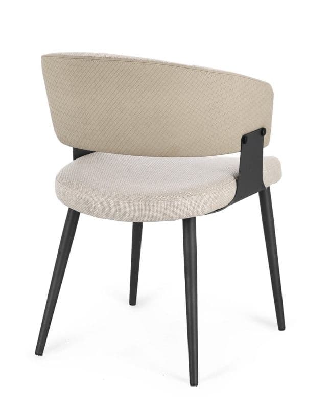 A contemporary dining chair with a curved upholstered backrest and seat. The chair features four slender, tapered legs made of dark metal. The upholstery is a light beige fabric with a subtle woven texture on the backrest and a more pronounced texture on the seat. Black metal supports connect the backrest to the frame. — 3D model