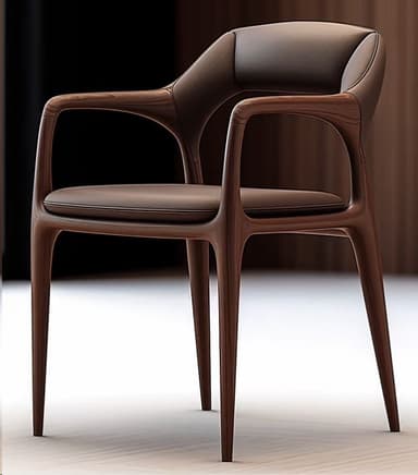 A sophisticated modern armchair featuring a dark brown wooden frame with organically curved lines, complemented by dark brown leather upholstery on the seat and backrest. The armrests are integrated seamlessly into the frame, and the legs are tapered, contributing to a sleek and elegant silhouette. — 3D model