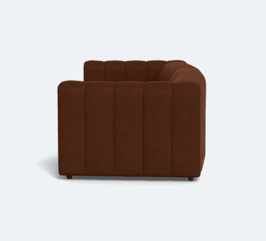 A three-seater sofa upholstered in a textured brown fabric. The sofa features a channel-tufted design on the back cushions and seat, creating vertical pleats across its surface. It has a low-profile frame with subtly rounded corners and short, dark legs. The overall aesthetic is modern and inviting. — 3D model