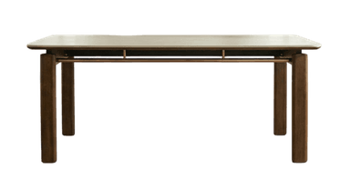A modern rectangular dining table with a light-colored, possibly white or light gray, tabletop featuring rounded corners. The table is supported by four sturdy, straight legs, likely made from painted metal or dark-finished wood, with a horizontal stretcher bar connecting the legs on the longer sides. — 3D model