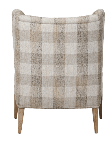 A contemporary wingback armchair featuring a high back with distinctive side wings, upholstered in a light-toned plaid fabric. The chair has an exposed wooden frame with gracefully curved armrests and tapered legs. The upholstery pattern consists of beige, light brown, and off-white squares, creating a warm and inviting appearance. The wooden elements appear to be light-colored oak or a similar wood, providing a natural contrast to the fabric. — 3D model