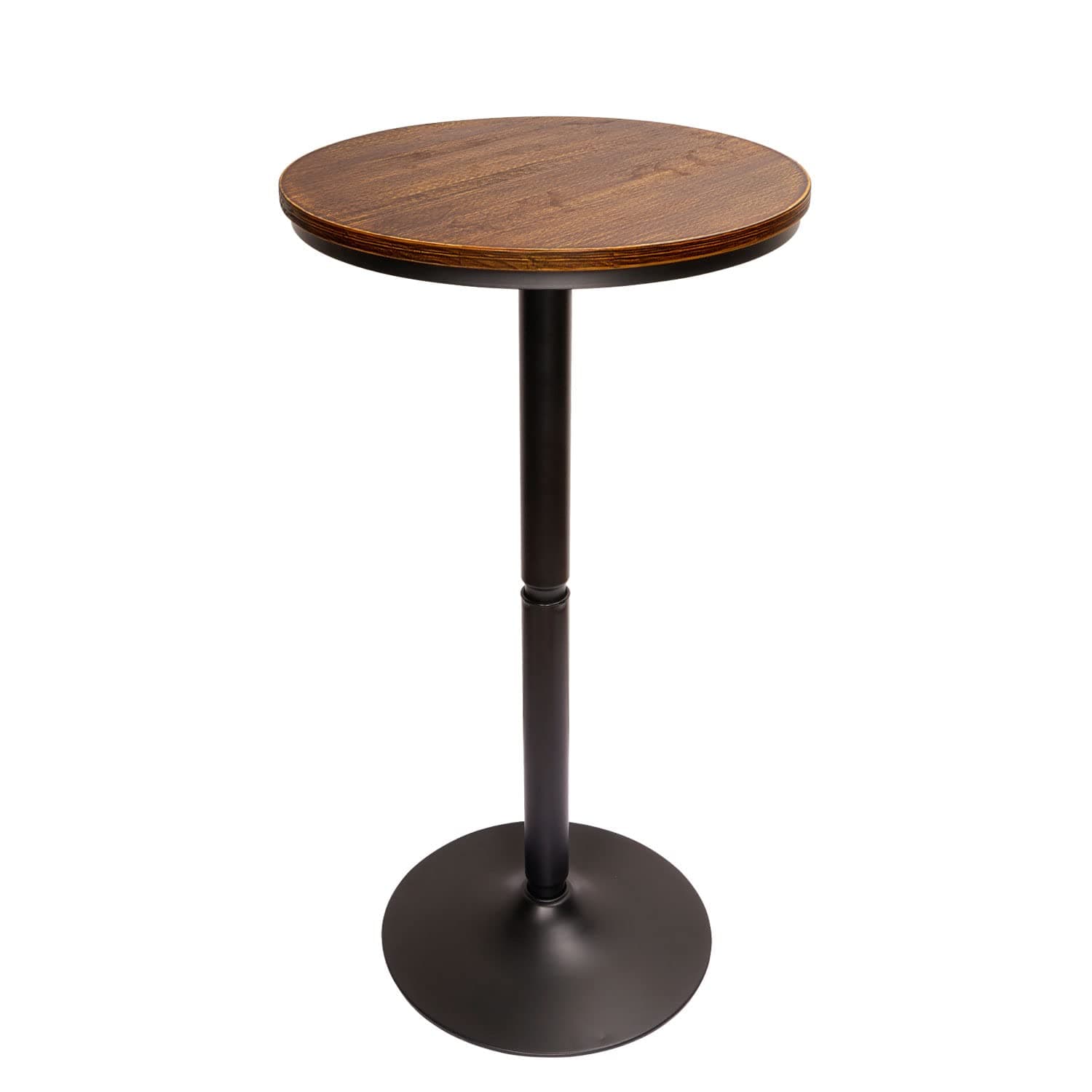 A modern adjustable height pedestal bar table featuring a round, dark wood-grain top and a black powder-coated metal base. The table has a single cylindrical pedestal post with a mechanism for height adjustment, leading to a stable, flat round disc base. — 3D model