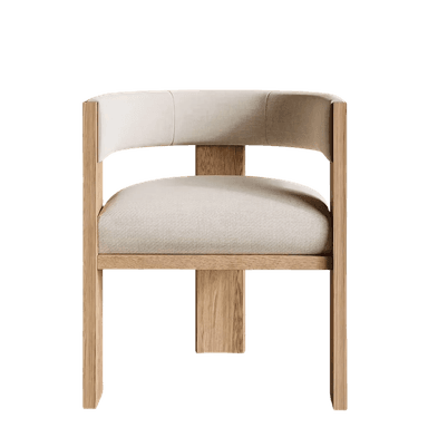 A modern chair featuring a curved, upholstered backrest and seat, supported by a wooden frame. The frame has a minimalist design with thick, angular legs and a central support structure for the seat. The upholstery appears to be a textured, light-colored fabric. — 3D model