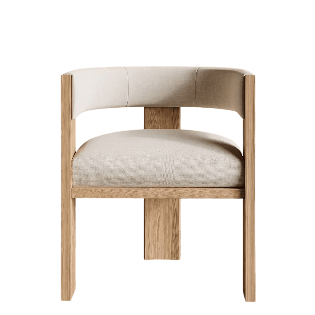 A modern chair featuring a curved, upholstered backrest and seat, supported by a wooden frame. The frame has a minimalist design with thick, angular legs and a central support structure for the seat. The upholstery appears to be a textured, light-colored fabric. — 3D model