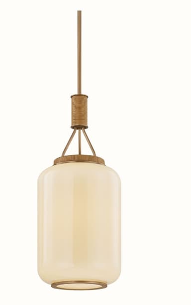 A pendant light fixture with a cylindrical frosted glass shade and a brass-toned metal frame. The fixture is suspended by a thin rod with a decorative coiled rope element near the top. The overall design appears modern with a hint of industrial or vintage influence. — 3D model