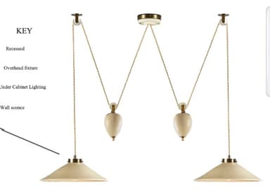 An adjustable pulley pendant light featuring two individual light sources suspended from a central ceiling mount. Each light has a conical or dish-shaped cream-colored shade, supported by brass-finished metal components. The suspension system includes braided cables, brass pulleys, and teardrop-shaped cream-colored counterweights, allowing for height adjustment of each shade independently. The overall design suggests a blend of functional industrial elements with a refined aesthetic. — 3D model