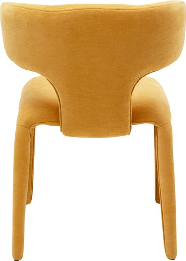 A contemporary armchair with a distinctive curved backrest that flows into integrated armrests. The seat and back are upholstered in a textured, mustard-yellow fabric. It is supported by four tapered legs that extend outwards, also upholstered in the same fabric. The design emphasizes organic curves and a cohesive upholstered form. — 3D model