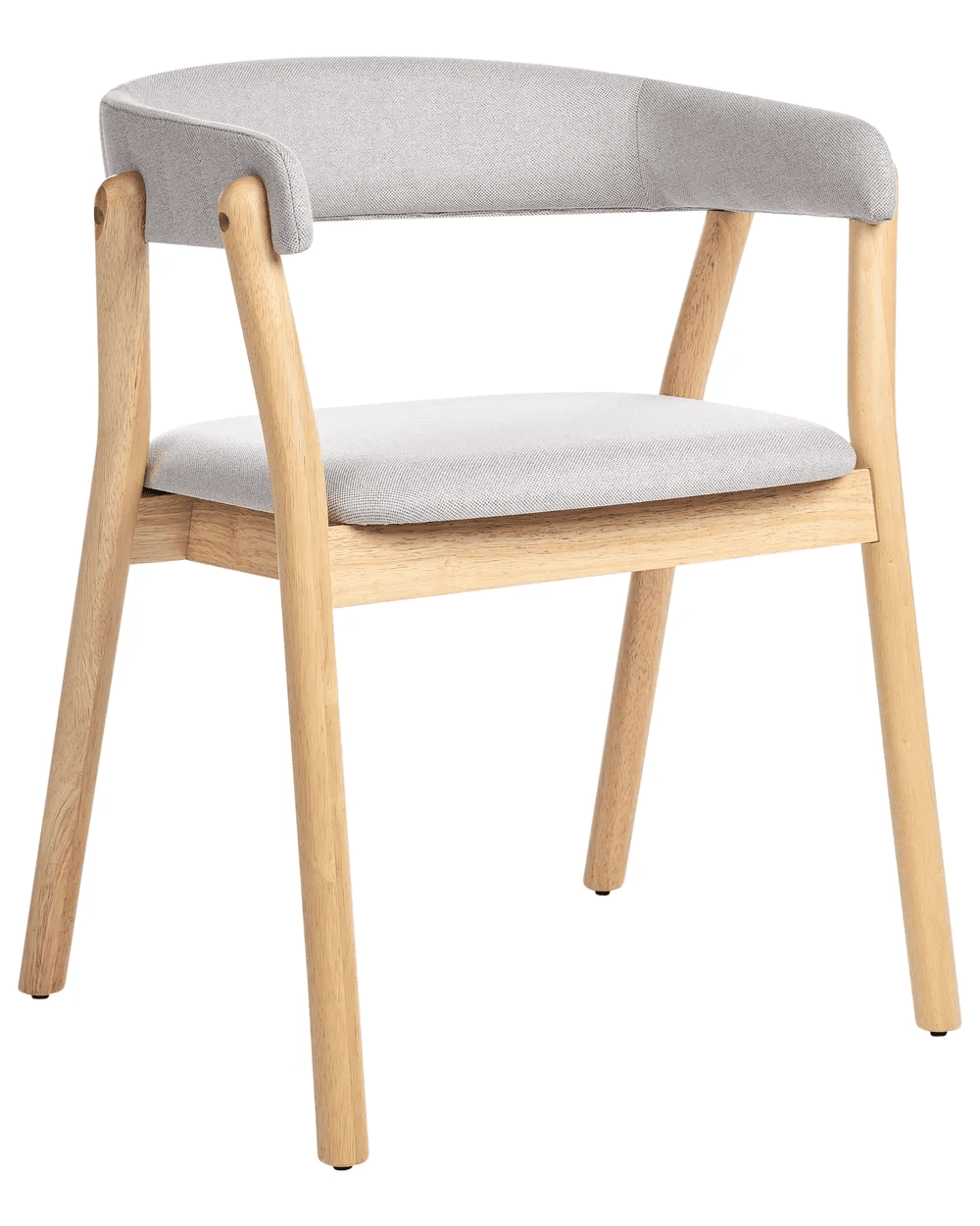 A modern armchair with a curved backrest and seat upholstered in light grey fabric. The frame and legs are constructed from natural-colored wood, exhibiting a minimalist design. The armrests are integrated into the backrest support structure. — 3D model
