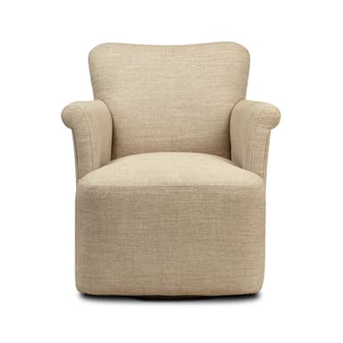 A contemporary upholstered armchair, viewed from the back, featuring a rounded, barrel-like silhouette. The chair is covered in a light beige or natural-toned textured woven fabric. It has low, integrated arms that flow seamlessly into the backrest, which has a gentle curve at the top. The chair rests on a discreet, dark-colored circular base, suggestive of a swivel mechanism. — 3D model