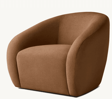A rounded, upholstered armchair with a barrel-shaped back that curves down to form the arms. The seat is plush and integrated into the overall rounded form. The upholstery appears to be a textured fabric. — 3D model