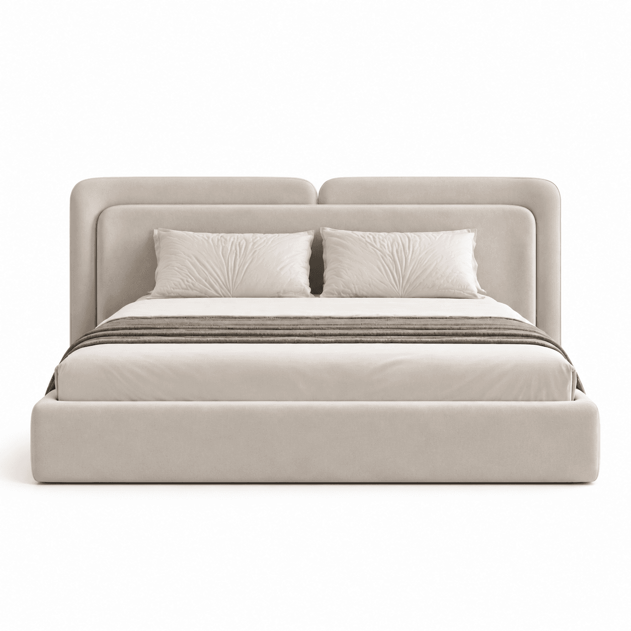 A modern upholstered platform bed featuring a distinctive padded headboard and a low-profile frame. The entire bed structure is covered in a light beige or cream-colored fabric, suggesting a soft, comfortable aesthetic. The headboard has a unique design with two rounded, slightly raised panels that appear to be integrated into the main headboard structure, adding depth and visual interest. The bed is presented with white bedding and a brown throw blanket. — 3D model