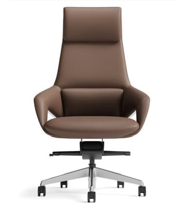 A high-back executive office chair featuring brown leather upholstery, integrated headrest, and distinctive wooden and polished metal accents on the armrests and base. The chair is equipped with a five-star swivel base and casters for mobility. — 3D model