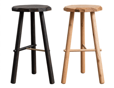 A dark-stained wooden stool featuring a faceted, octagonal seat and three splayed legs. A single brass rod functions as a footrest, elegantly connecting two of the legs. The wood grain is visible, adding a textured, rustic appeal to its minimalist design. — 3D model
