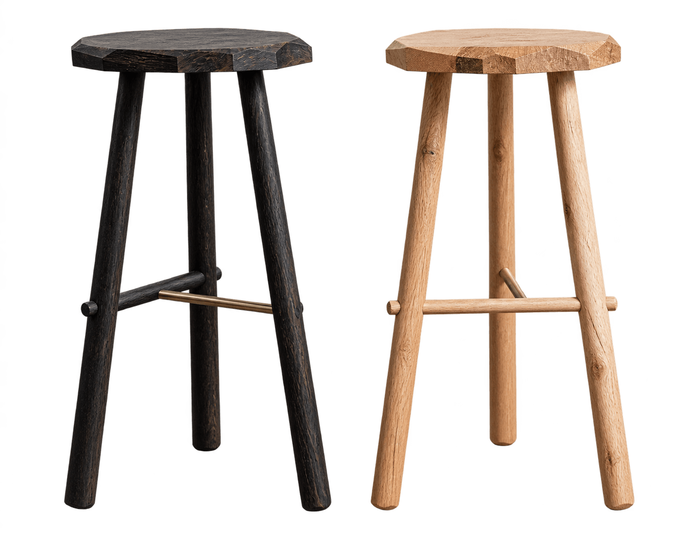 A dark-stained wooden stool featuring a faceted, octagonal seat and three splayed legs. A single brass rod functions as a footrest, elegantly connecting two of the legs. The wood grain is visible, adding a textured, rustic appeal to its minimalist design. — 3D model