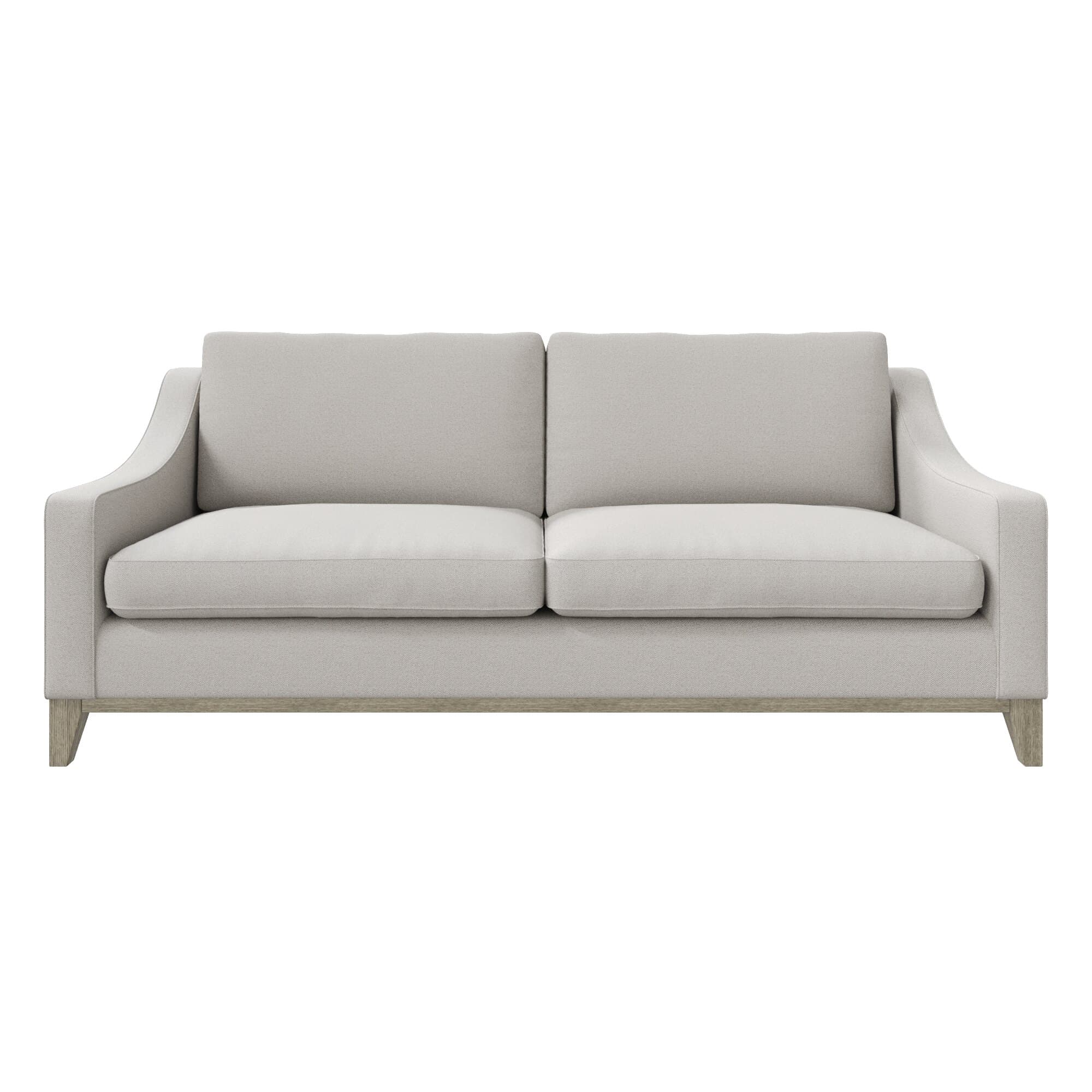 A contemporary sofa with a light-colored fabric upholstery. It features two seat cushions and two back cushions, with gently sloped arms and a low-profile base. The legs appear to be made of wood and are set back slightly from the front edge. — 3D model