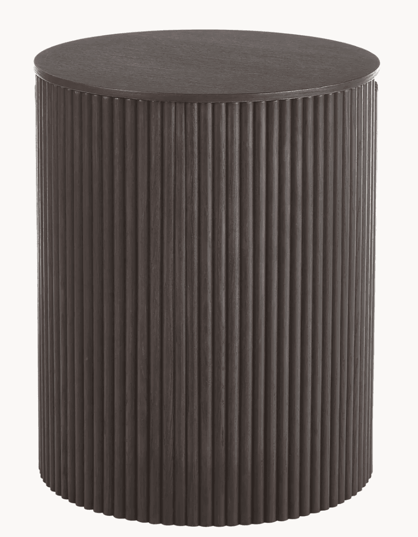 A dark brown cylindrical side table featuring a distinctive fluted texture around its entire perimeter. The table has a flat, smooth circular top surface. The vertical fluting gives it a ribbed appearance, adding visual depth and a contemporary aesthetic. — 3D model