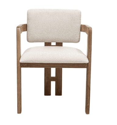A modern armchair with a wooden frame and upholstered seat and backrest. The frame is constructed from light brown wood with a visible grain pattern. The seat and backrest are upholstered in a textured, light-colored fabric. The armchair features armrests integrated into the wooden frame, and a distinct segmented back cushion. — 3D model