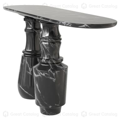 A sophisticated and sculptural console table crafted entirely from black marble with prominent white veining. It features an elongated oval tabletop supported by two distinct, heavily carved baluster-style pedestals, giving it a strong, classical yet contemporary presence. — 3D model