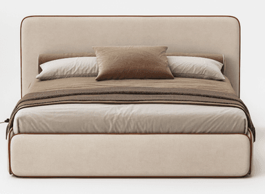 A side view of a contemporary upholstered bed with a rectangular headboard and a low-profile frame. The headboard and frame are covered in a textured beige fabric, with a thin contrasting brown piping detail along the edges. The bed is dressed with a white sheet, a brown velvet-like duvet or comforter, and two pillows: one rectangular in light beige and one square bolster pillow in dark brown. A brown throw blanket with a herringbone pattern and fringe is draped across the foot of the bed. — 3D model