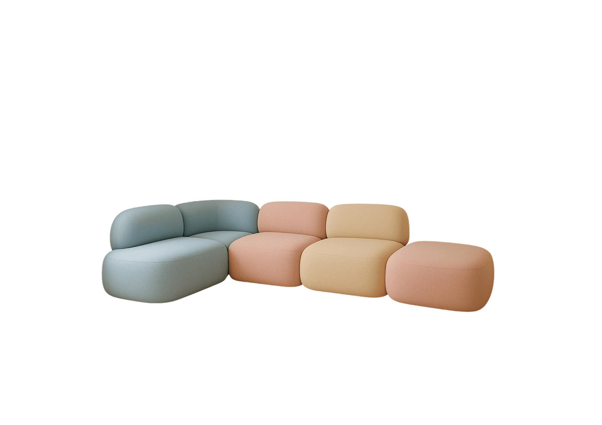 A modular sectional sofa composed of several cushioned units. The left-most unit is a corner piece with a curved backrest in a light blue hue. Adjacent to it are two single-seat modules in light pink and pale yellow respectively. The right-most unit is a separate ottoman or stool, also in a light pink hue. All units feature rounded edges and a plush upholstery. — 3D model