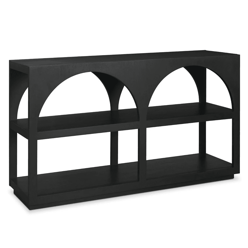 A black console table with an open shelf design. It features two levels of shelving. The top panel has arched cutouts, creating a visually interesting architectural element. The unit is supported by a plinth base. — 3D model