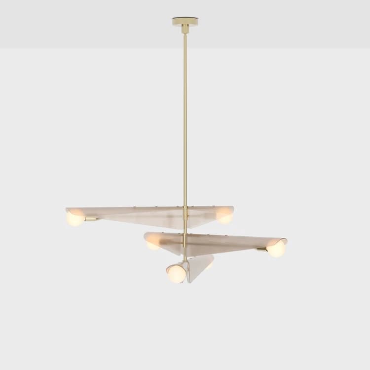 A modern and minimalist ceiling-mounted chandelier featuring a central suspension rod made of brass, from which two horizontal branching elements extend at different heights and angles. Each branch holds spherical frosted glass bulbs and is accented by translucent, wave-like diffusers. The design is contemporary and geometric, providing diffused ambient light. — 3D model
