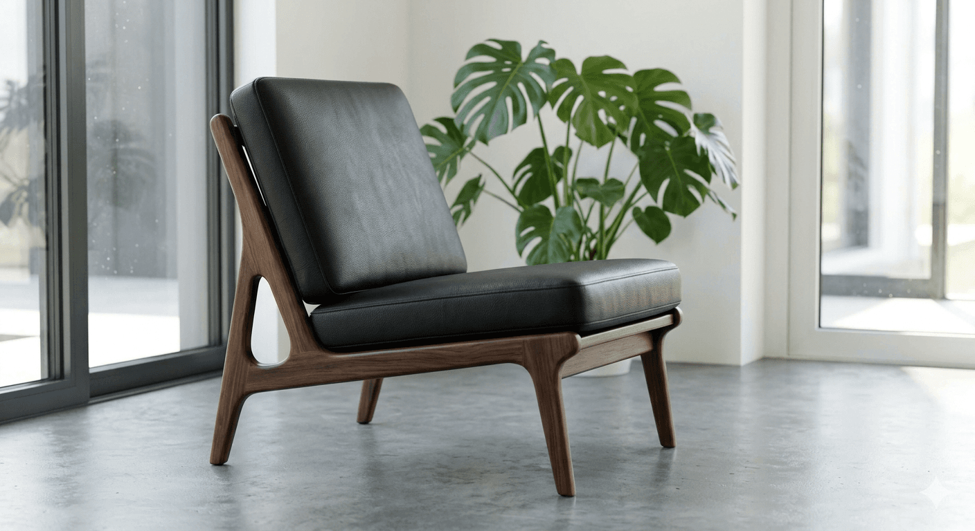 A contemporary lounge chair with a dark wood frame and black leather cushions, featuring an open, sculptural design. — 3D model
