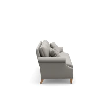 A three-seater sofa with a light gray upholstered body. It features plush seat cushions and back cushions, with a decorative rolled armrest on the left side. Two square throw pillows in a matching light gray fabric are placed on the sofa. The sofa is supported by four short, tapered wooden legs. — 3D model
