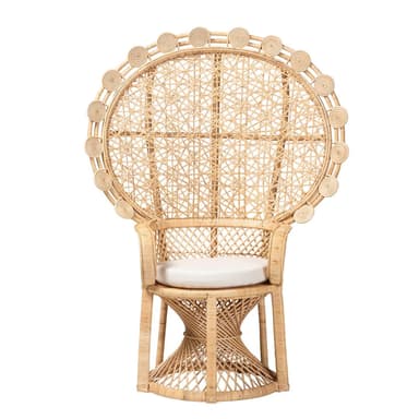 A woven rattan peacock chair featuring a prominent, high circular backrest with decorative coiled accents, integrated armrests, and a conical, spiral-patterned base. It includes a round white seat cushion. — 3D model
