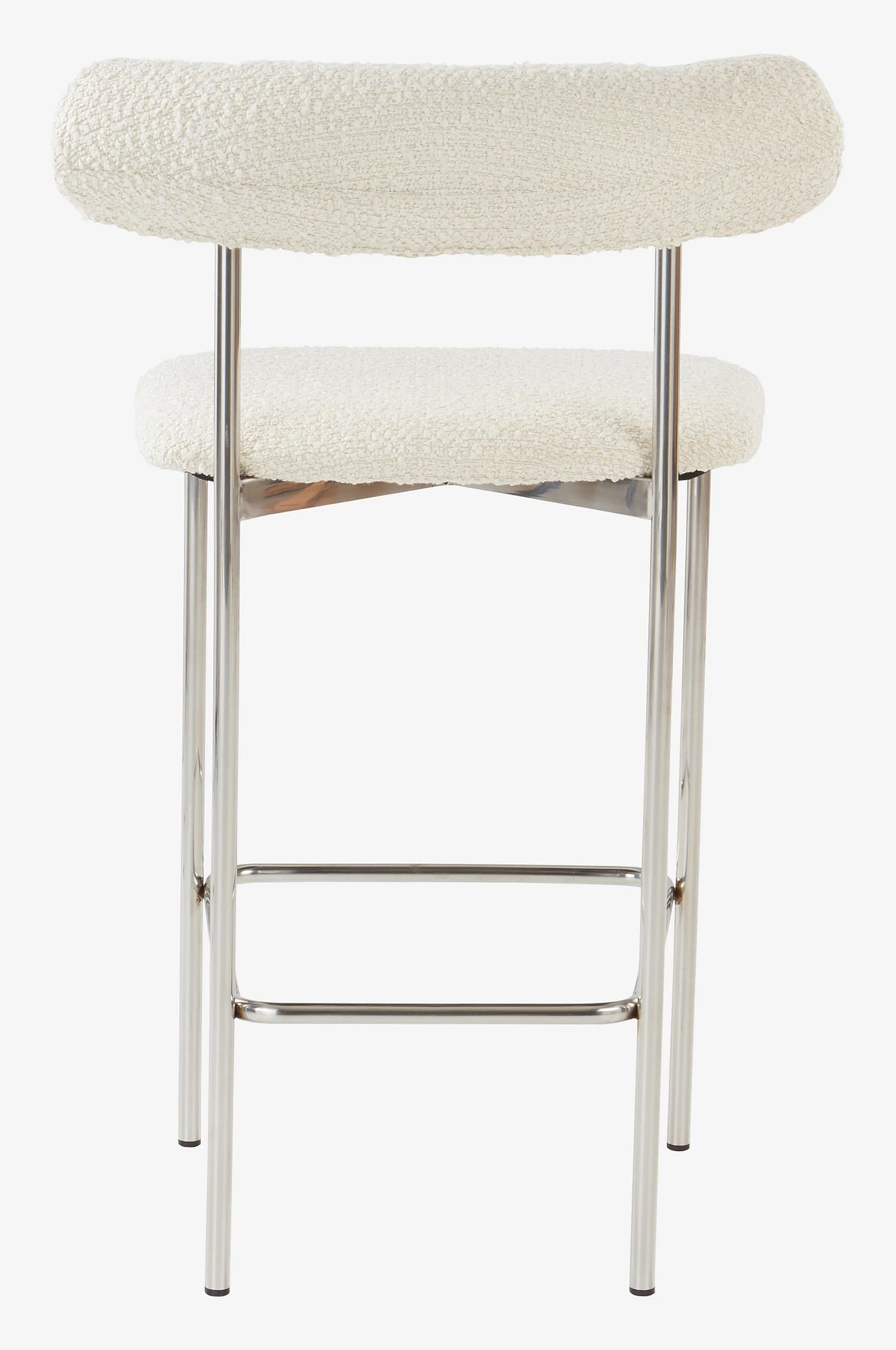A bar stool with a curved backrest and a padded seat. The frame and legs are constructed from polished metal tubing, featuring a horizontal footrest connecting the front and back legs. The upholstery appears to be a textured, boucle-like fabric in a light cream or off-white color. — 3D model