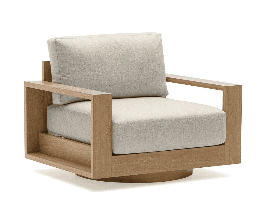 A contemporary lounge chair featuring a robust, open-box wooden frame and thick, upholstered cushions. The chair has a light-toned wooden structure, possibly oak, with visible grain, forming flat, wide arms and a rectangular back. The seat and back cushions are upholstered in a light beige or off-white fabric, providing a plush appearance. The chair rests on a circular swivel base, integrated into the wooden frame, allowing for rotation. The design is minimalist yet substantial, emphasizing clean lines and comfort. — 3D model