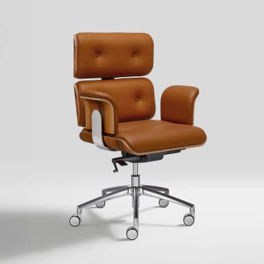 A modern desk chair with a distinctive design, featuring a curved wooden shell for the seat and backrest, upholstered in brown leather. The chair is supported by a polished metal five-star base with casters for mobility, and a central gas lift mechanism for height adjustment. A vertical metal support connects the seat to the backrest. — 3D model
