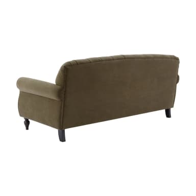 A classic tufted sofa with rolled arms and a supportive backrest. The upholstery features a diamond tufting pattern, with buttons strategically placed to create indentations in the fabric. It has a two-cushion seat and a slightly curved back. The sofa rests on four short, dark, turned legs. — 3D model