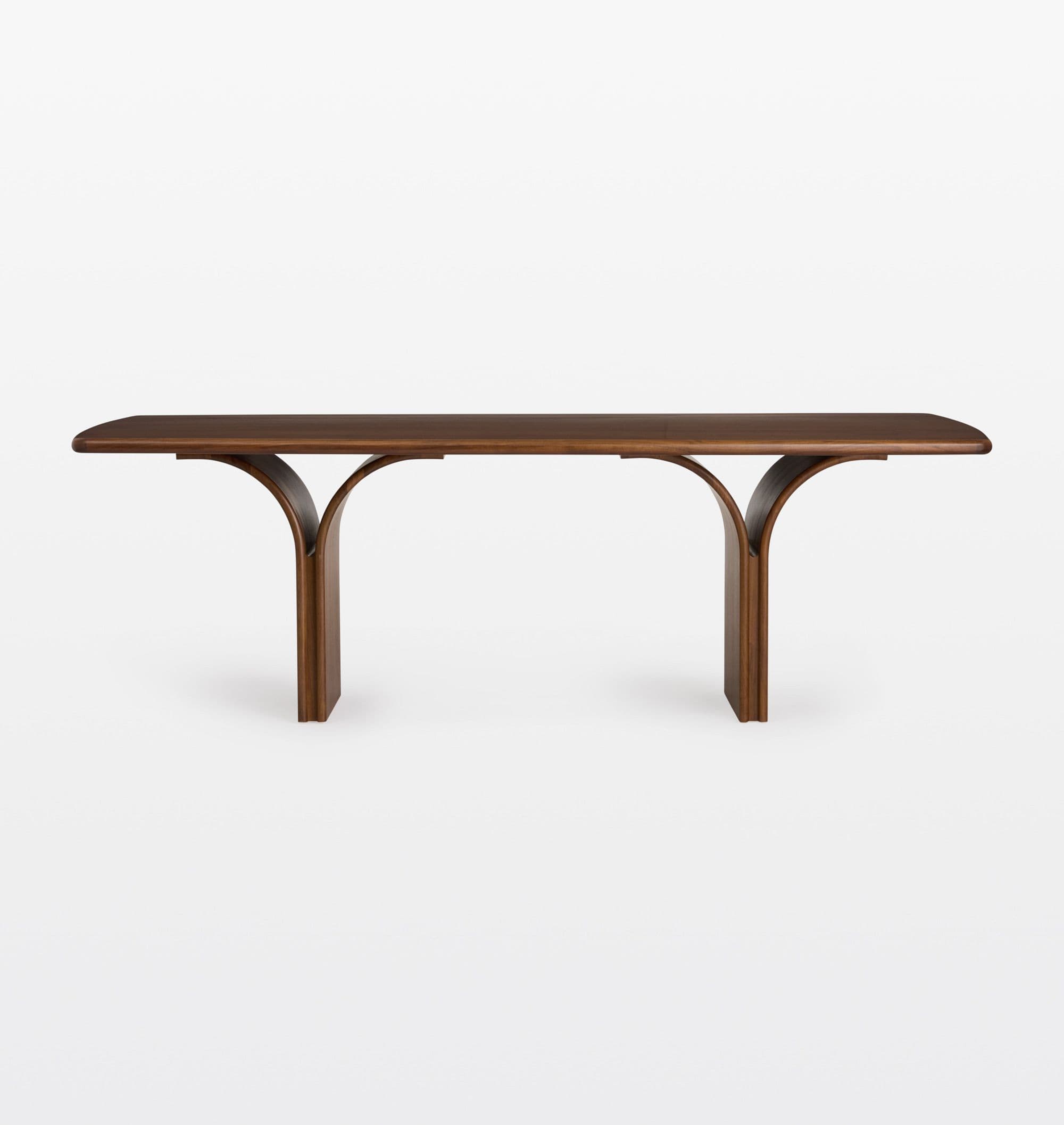 A long, narrow bench constructed from dark-toned wood, featuring a rectangular top with rounded edges supported by two elegantly curved, flared legs. — 3D model