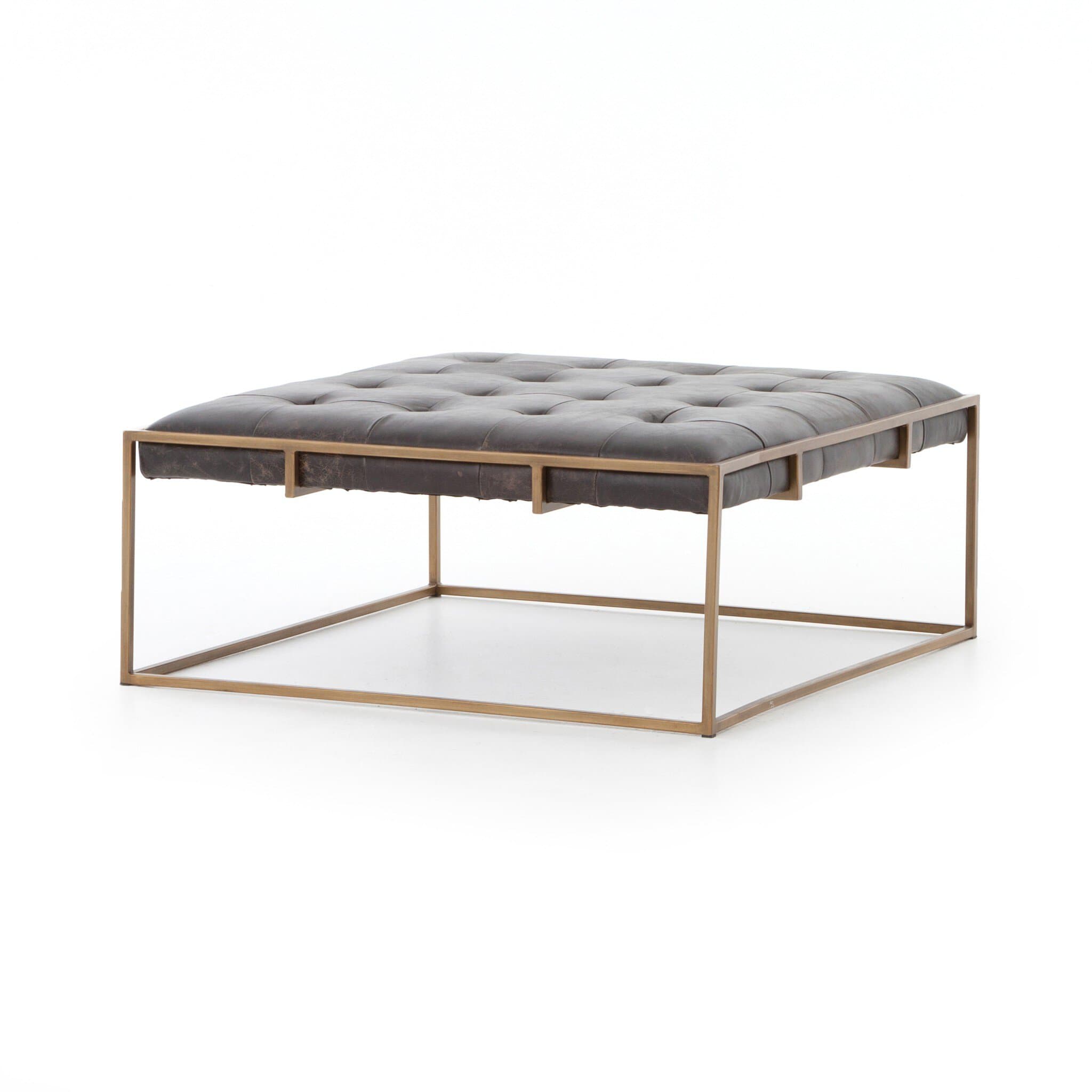 A square tufted ottoman with a dark brown leather top and a thin metal frame. The frame has a brushed brass or gold finish and forms a minimalist base with intersecting support beams. The leather upholstery features deep button tufting. — 3D model