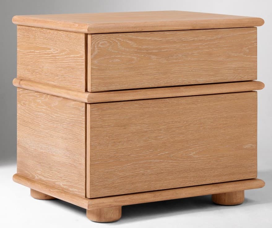A two-drawer nightstand constructed from light-colored wood. The nightstand features a horizontal grain pattern on the drawer fronts and sides. It has a clean, modern design with rounded edges on the top surface and a subtle curved trim between the drawers. The unit stands on a base with four rounded feet, creating a slightly elevated profile. — 3D model