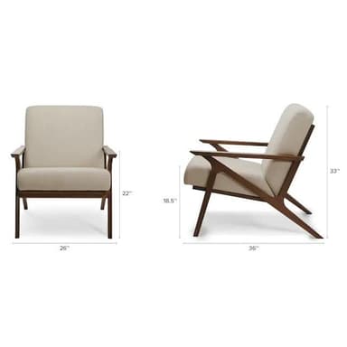 A modern armchair with a wooden frame and upholstered seat and backrest. The frame features a dark wood finish with angular, sculptural legs and armrests. The upholstery is a light, textured fabric in an off-white or cream color. The design is minimalist and appears to be mid-century modern inspired. — 3D model