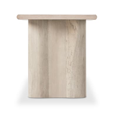 A console table with a thick, rectangular top and two cylindrical legs. The legs appear to be positioned towards the ends of the table and are integral to the overall structure. The finish is a light, natural wood tone. — 3D model