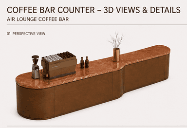 A long, curved counter with a marble top and a dark wood base. The counter has a smooth, polished finish. On the top surface, there are a coffee grinder, a container with coffee pods, two bottles, and a vase with dry branches. — 3D model